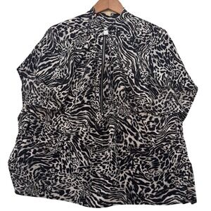 Michael Kors Black Animal Print Pullover Top Zipper Detail Women Size L/XL‎